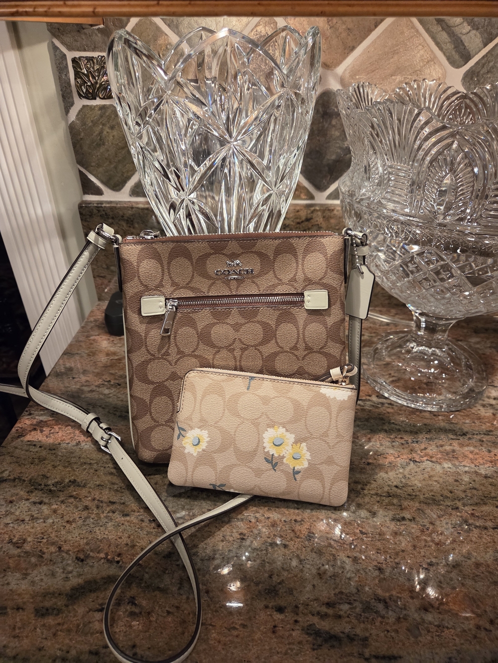 Coach Signature Crossbody Bag and Floral Zip Wristlet - Tan/Beige
